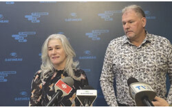 Jean-Pierre Poulin, President of Transitiôn Québec, and Nancy Martineau, Executive Director of Transitiôn Québec, answering questions from the media at the press scrum on 12 December 2024. MG Photo: Screenshot
