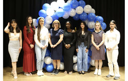 Seven of the nine recipients with Senator Miville-Dechêne. From left to right: Sandra Rincon Flores, Valentina Villamil, Maja Cica, Senator Miville-Dechêne, Karine Acadia Irankunda, Maria Paula Montoya, Ghazal AlHalabi, Hadia Jabarkhil, at the scholarship ceremony (May 25, 2025). Photo: Courtesy of Jacques Laberge
