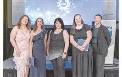 Photo (from left): Pontiac Journal Secretary Carmelina Lilla, Publisher Lily Ryan, Production manager Tanya Laframboise, Pontiac Journal Editor Bonnie James and Office Manager Alison Gerow at the QCNA awards, June 13, in Montebello. Photo: Savanna Oliver
