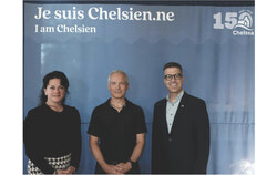 Mr. Stéphane Tremblay, centre, whose suggestion of the demonym “Chelsien” was chosen, is accompanied Pierre Guénard, Mayor of Chelsea, right, and by Councillor Cybèle Wilson.   Photo: Christian Rochefort