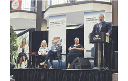 At the Forum Santé Outaouais 2025 on September 18 in Gatineau, regional leaders called for urgent, locally adapted solutions to the chronic underfunding of health and social services in the Outaouais. Pictured left to right are Mayor Maude Marquis-Bissonnette, Jane Toller, Paul-André David, Chantal Lamarche, and Marc Carrière. Photo: Tashi Farmilo