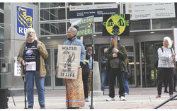 Protesters gather outside the Federal Court of Appeal in Ottawa on October 8 during hearings on the planned Chalk River nuclear waste facility, calling for stronger Indigenous consultation and water protection. 