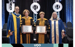 Liza Frulla, Director General of the ITHQ and former cabinet minister, was awarded an honorary doctorate by the Université du Québec en Outaouais for her contributions to culture, education, and public service; the ceremony featured, from left to right, Alexandre Cloutier, President of the Université du Québec, Liza Frulla, Louise Beaudoin, and Murielle Laberge, Rector of the UQO. Photo: Marie-André Blais – UQO