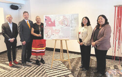 Quebec Native Women president Marjolaine Étienne joined partners and advisors to unveil a provincial map documenting 124 cases of missing and murdered Indigenous women in Quebec, pictured from left: Paul-André Perron, Strategic Advisor to the Coroner's Office; Pierre Simard, Director of the Quebec Association of First Nations and Inuit Police Directors; Bridget Tolley, member of the MMIWG2S+ mapping advisory committee; Étienne; and Laura Rock, Interim Executive Director of Quebec Native Women. Photo: Courtesy of QNW
