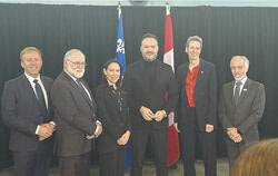 (From left to right) Mathieu Lévesque, MNA for Chapleau, Robert Buissière, MNA for Gatineau,  Suzanne Tremblay, MNA for Hull, Mathieu Lacombe, Quebec Minister of Culture and Communications, Minister responsible for the Outaouais Region and MNA for Papineau, Dr. Lesley Fellows, Vice-President (Health and Medical Affairs) and Dean of the Faculty of Medicine and Health Sciences at McGill, and Dr. Marc Bilodeau, President-Director General of the Outaouais CISSS. Photo: Jude Osmond